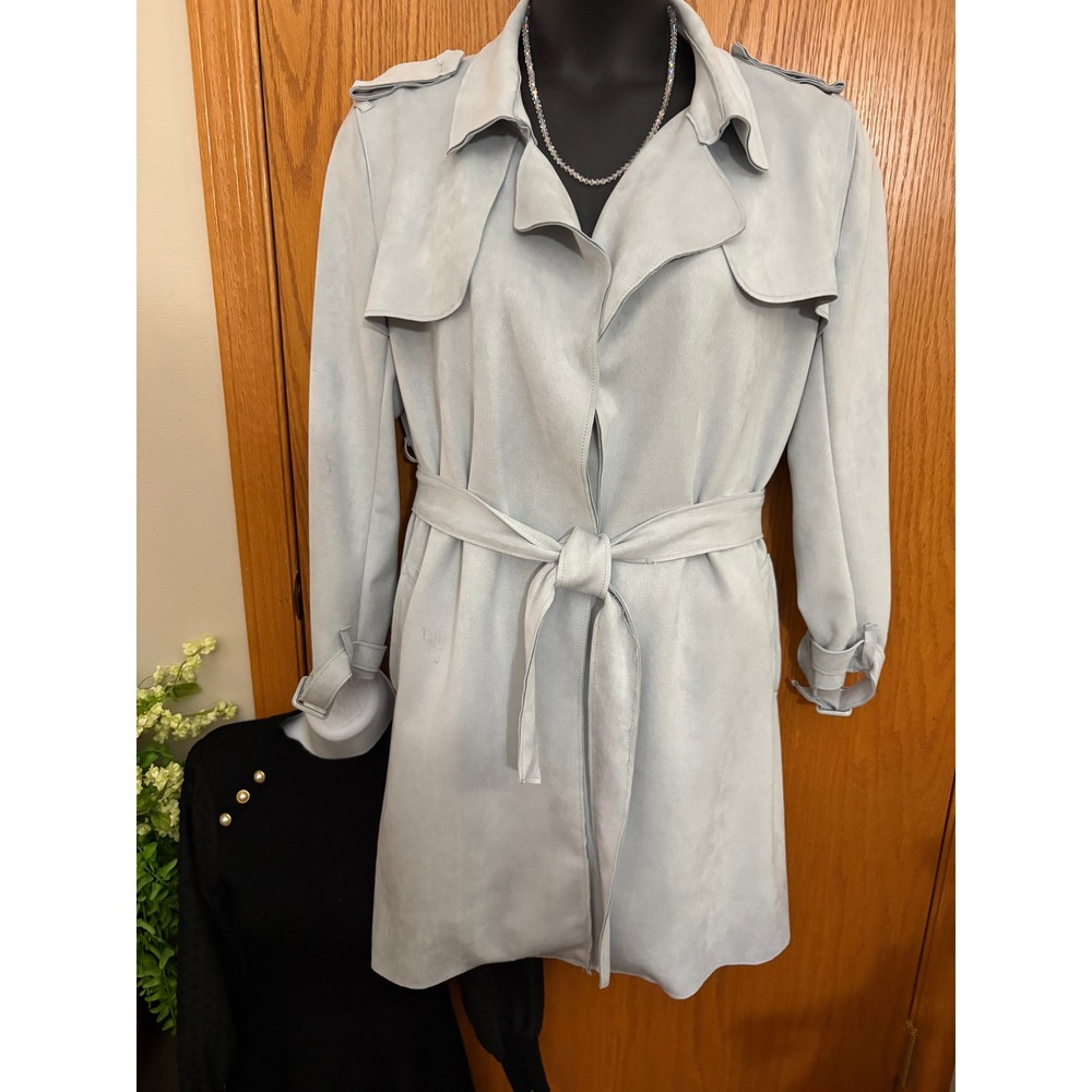 Joan Vass New York Faux Suede Trench Coat Light Blue Belted Duster Jacket